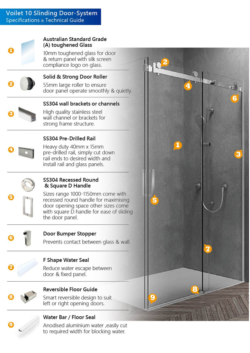 MF129 - 1200x900mm Frameless Sliding Shower Screen Chrome